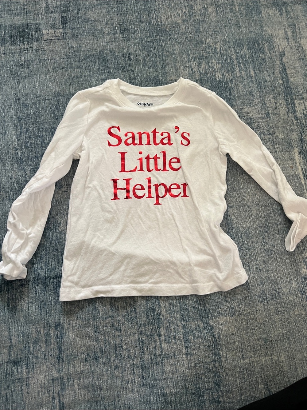 Old Navy White Long-Sleeve Tee with Red 'Santa's Little Helper' Graphic